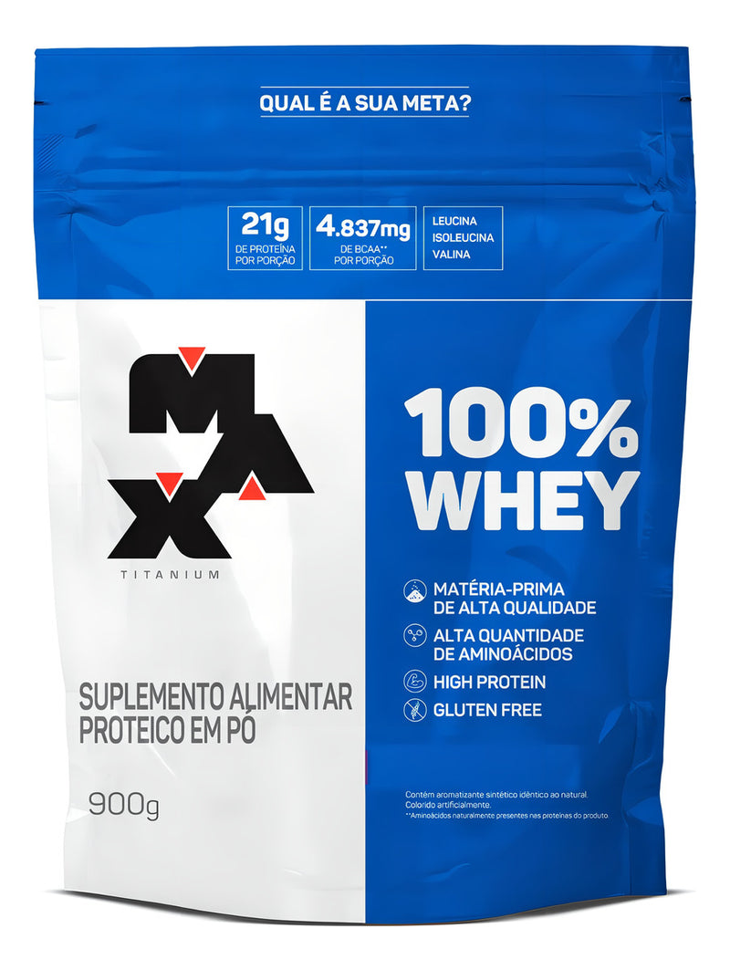 Whey Protein 100% Concentrado Refil 900g - Max Titanium Sabor Morango