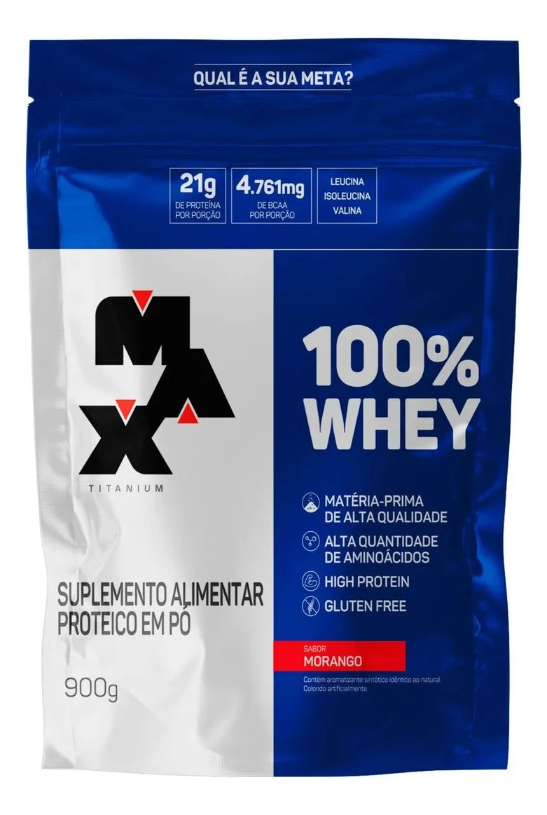 Whey Protein 100% Concentrado Refil 900g - Max Titanium Sabor Morango