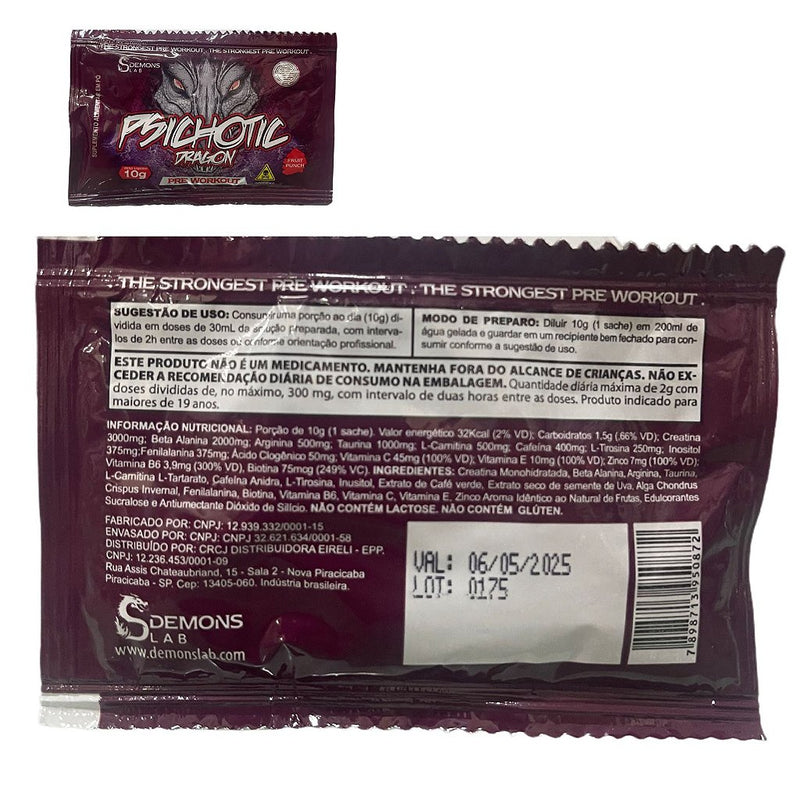 Pré Treino Psichotic Dragon Em Sachê - 30und de 10g  cada - Demons Lab - Sabor Fruit Punch